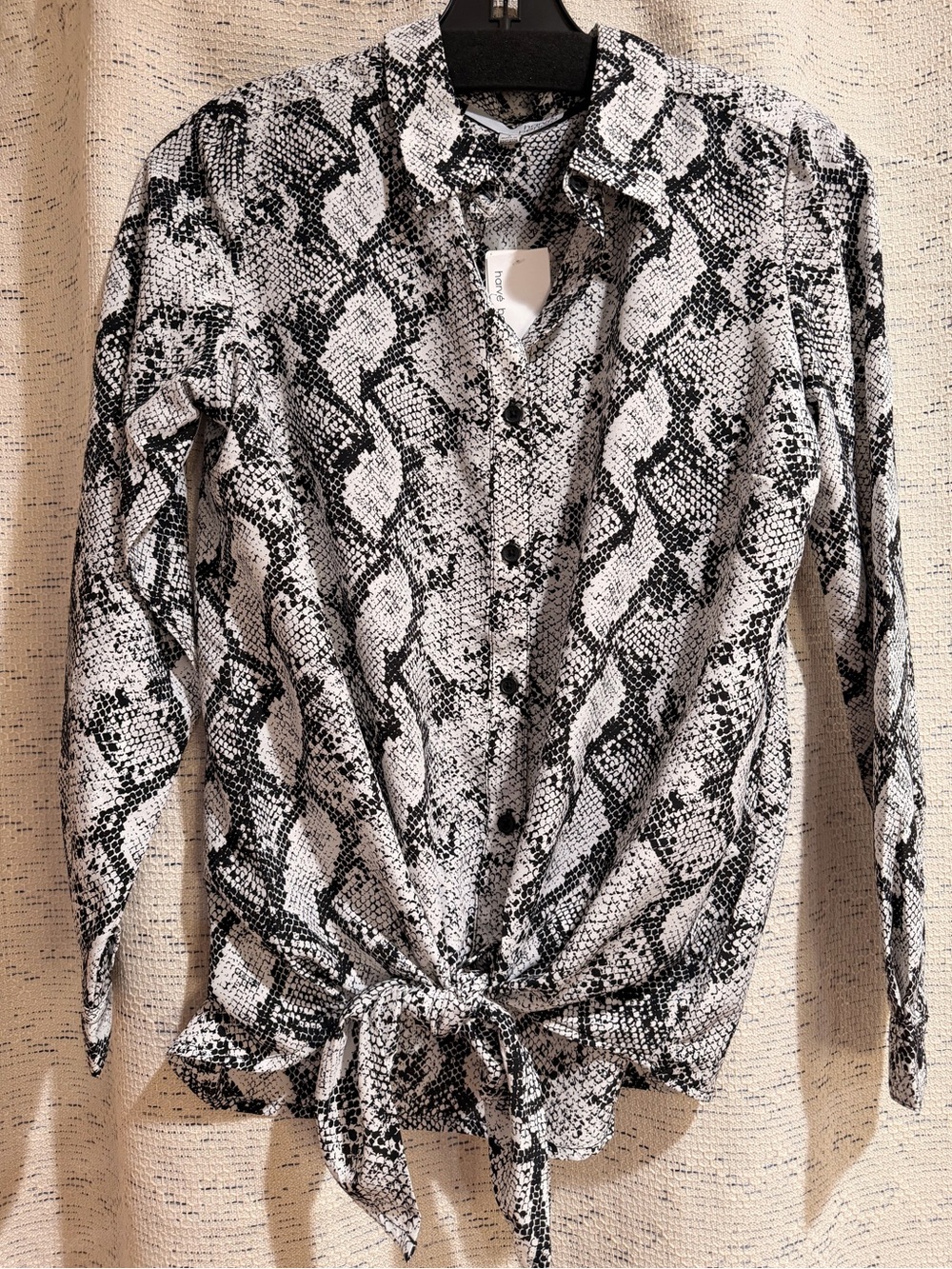 Harve Benard Black and White Snakeskin Button-Front Blouse with Front Tie